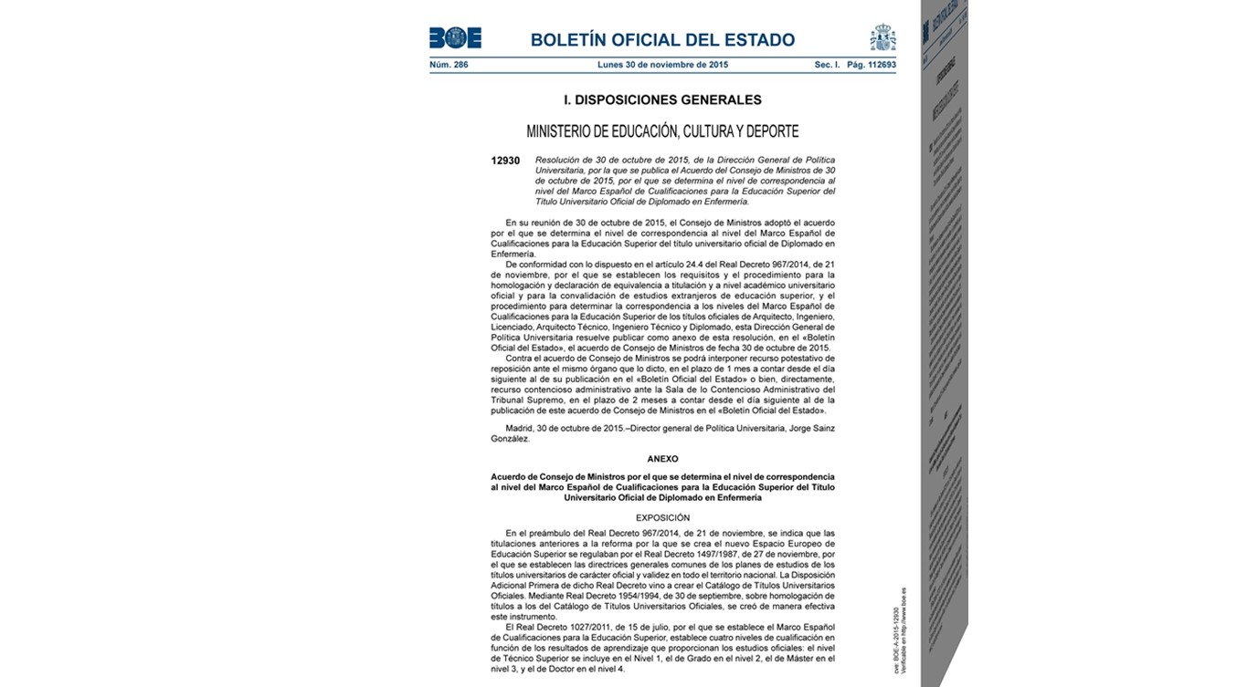 Publicación en BOE: Diplomatura y Grado en Enfermería se equiparan