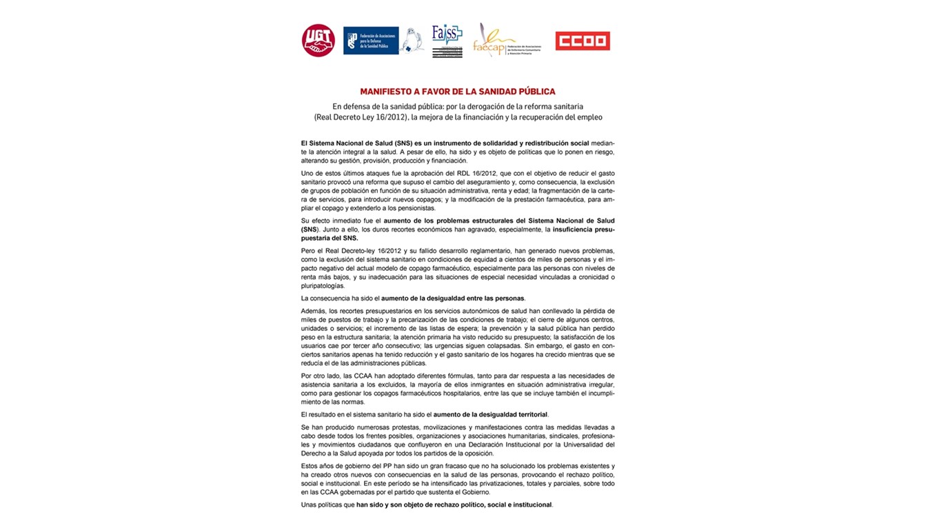 FAECAP se une al Manifiesto a Favor de la Sanidad Pública